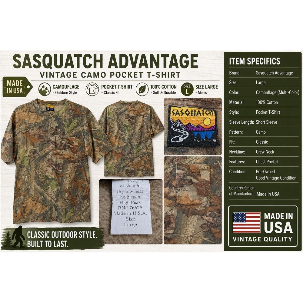 Sasquatch Advantage Timber Camo Pocket T-Shirt Mens Large Made in USA Cotton